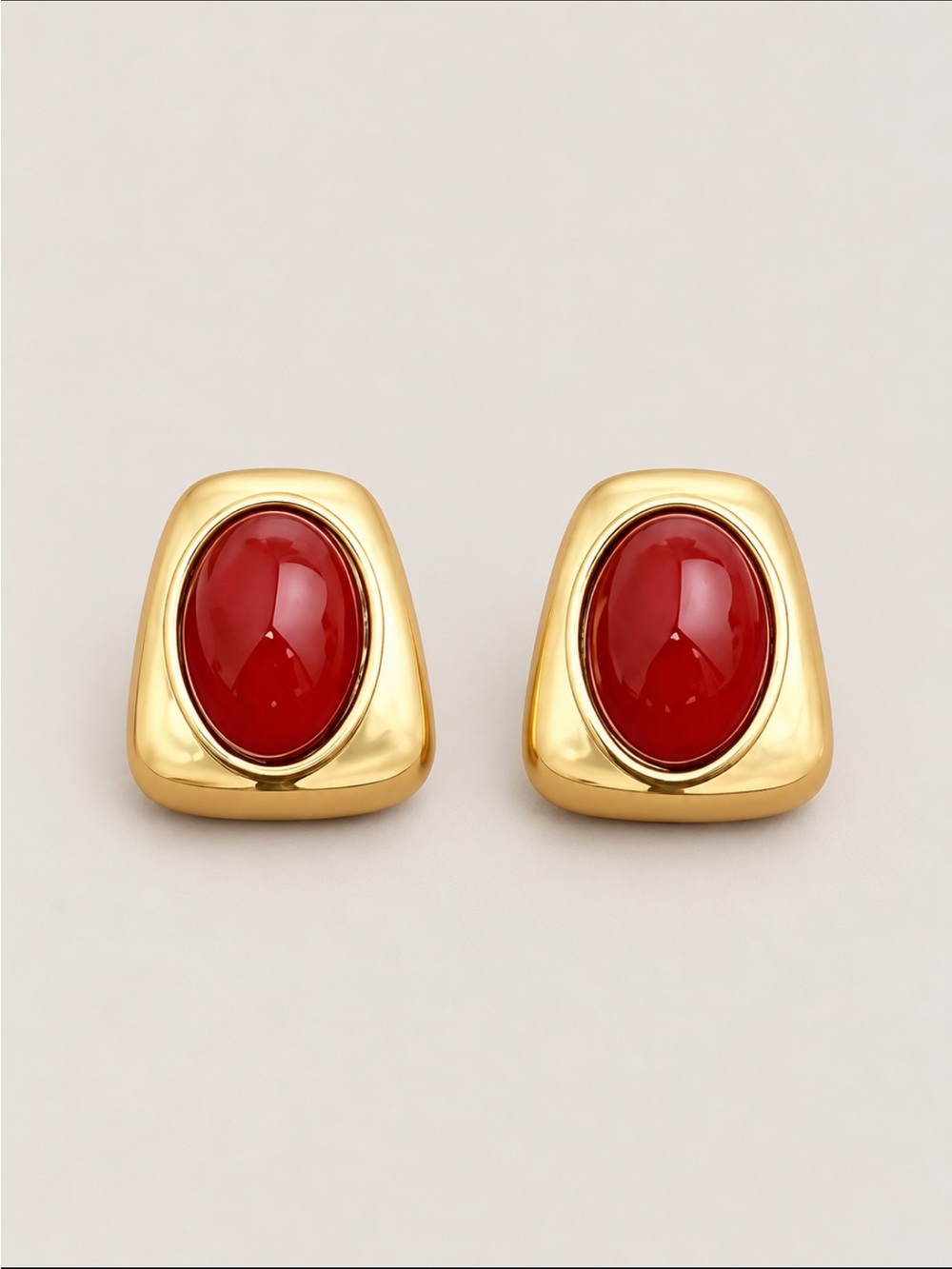 New! Red Oval Gold Framed Statement Post Earrings NWOT